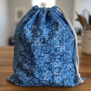 Bright Blue Floral Cotton Bread Bag, Reusable Sourdough Storage, Farmhouse Decor